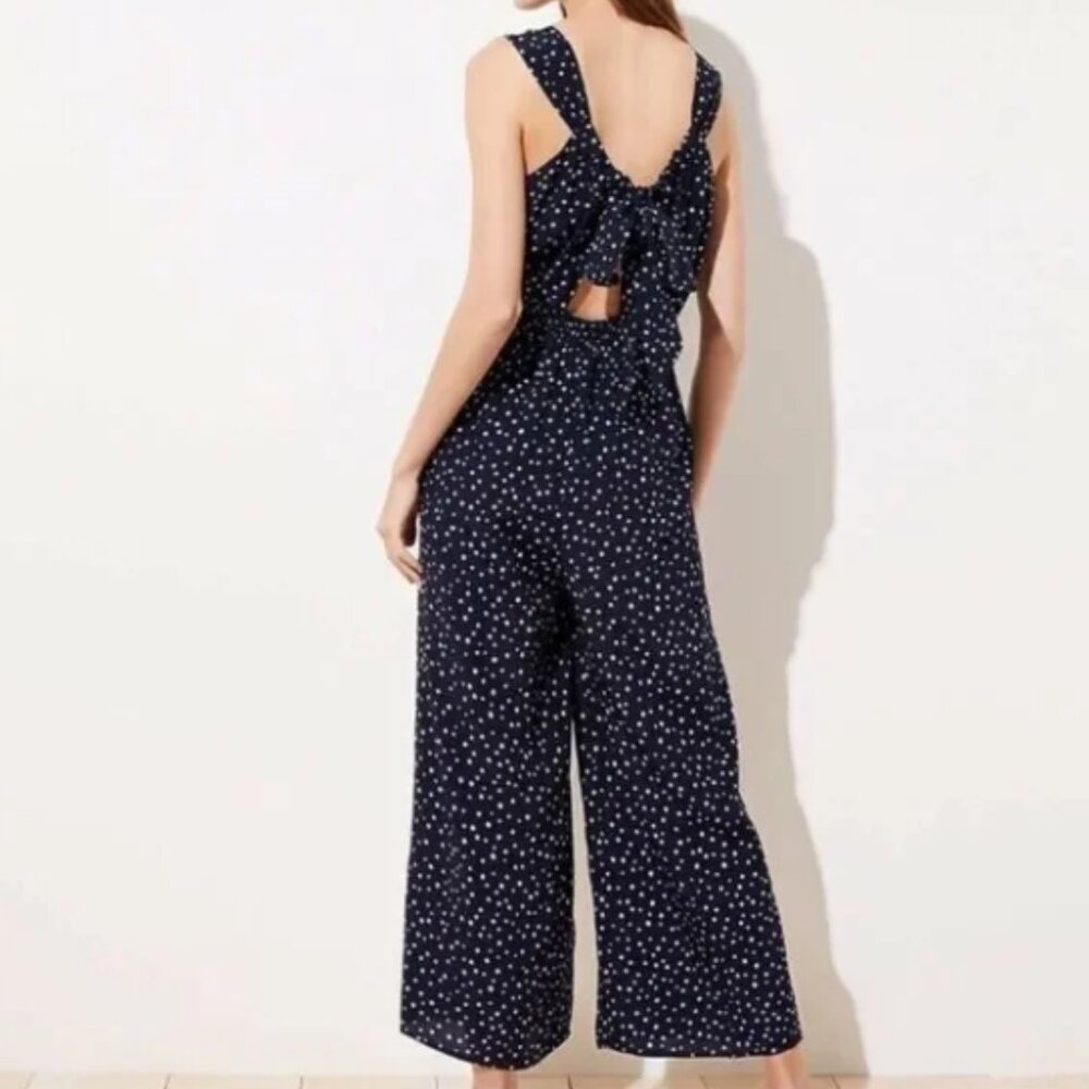 NWT Loft Navy Blue Polka Dot Smocked Wide Legs Jumpsuit with Pockets Size 2 - Picture 4 of 15